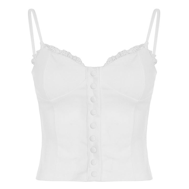 Damebluse med spidsbroderi og dekorative knapdetaljer Skovae