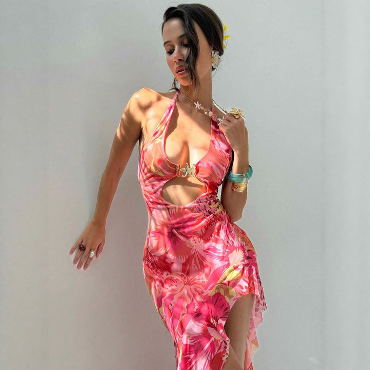 Dame Maxi kjole med elegant cut-out design og blomster accenter Skovae