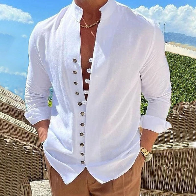Herrer Mode Leinenbluse med Henley-krave og knapdetalje Stilla