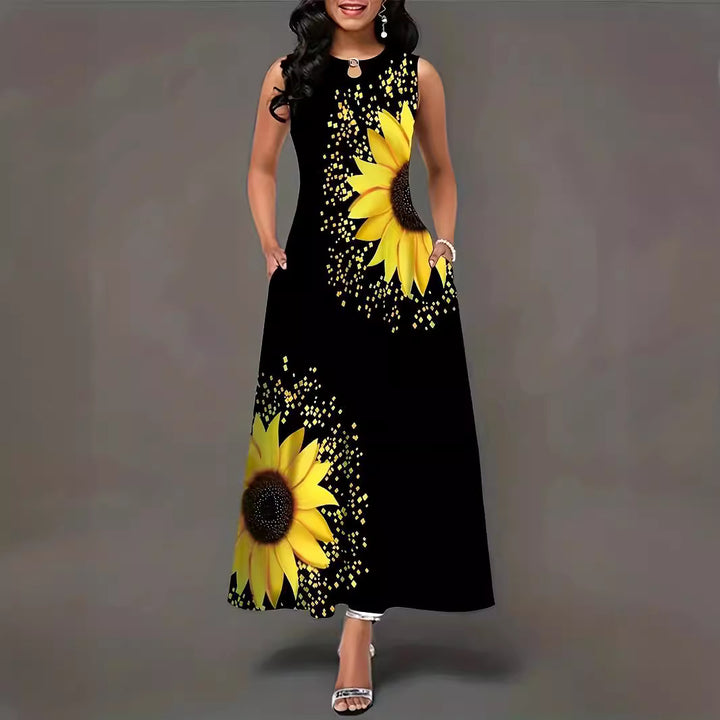 Dame maxikjole med blomsterprint og solsikke-design Stilla