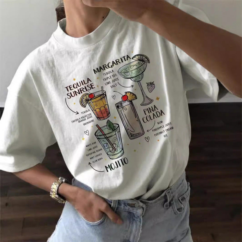 Dame T-shirt med kreativt cocktailmotiv og afslappet snit Stilla