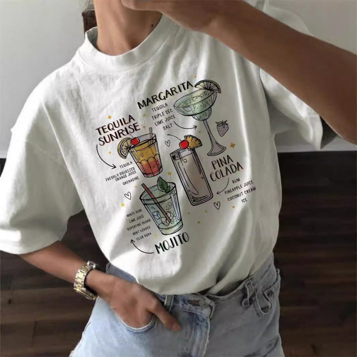 Dame T-shirt med kreativt cocktailmotiv og afslappet snit Stilla