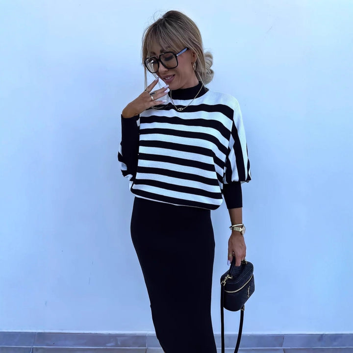 Kvindernes elegante stribede maxi kjole med casual sweater Skovae