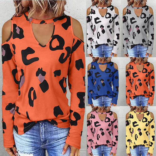 Dame langærmet shirt med fashionable cut-outs og moderne leopardmønster Stilla