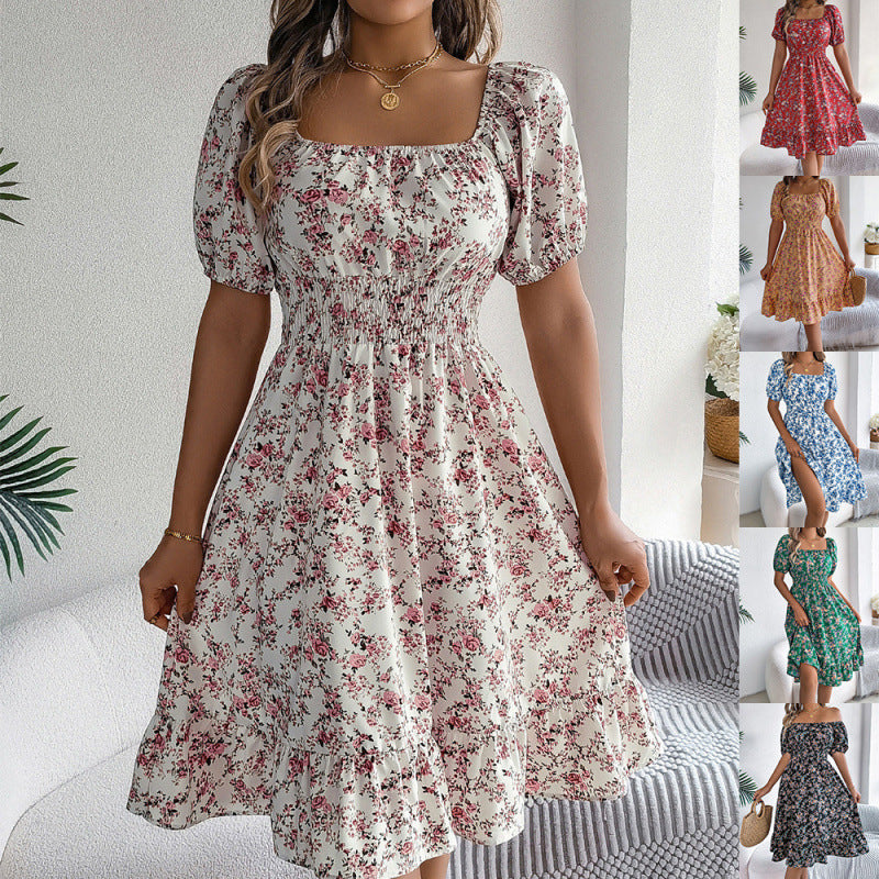 Dame Smocked Floral Print Midi Kjole med sidelæg Stilla