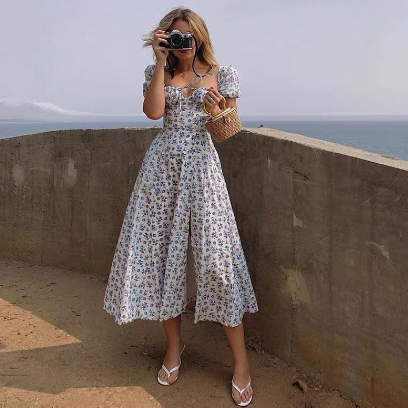 Femme Floral Print Bohemian Maxi Kjole med Sideslids Stilla