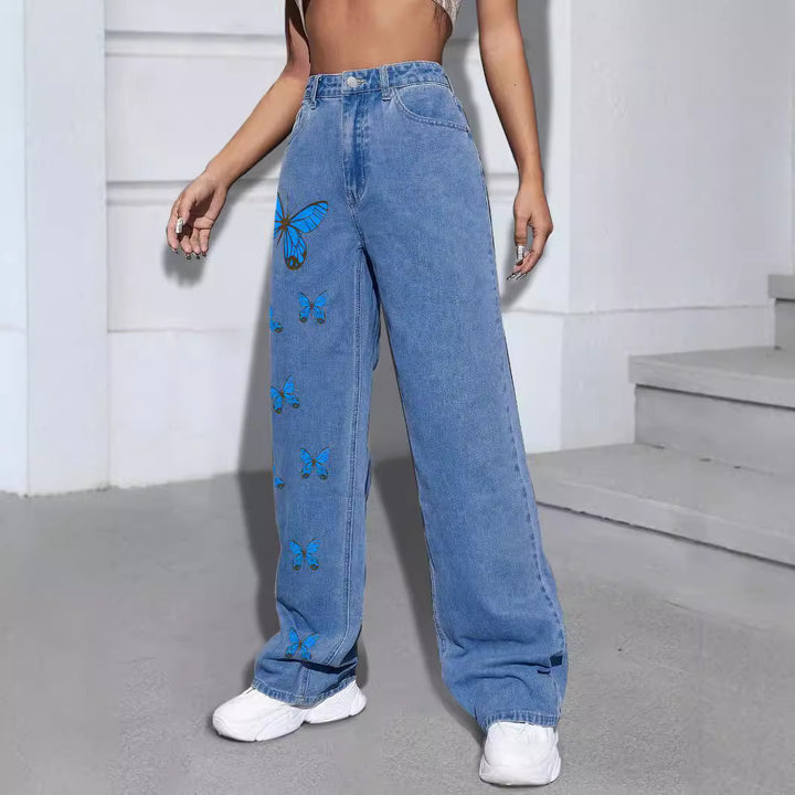 Dame løstsiddende jeans med farverigt sommerfugledesign Stilla