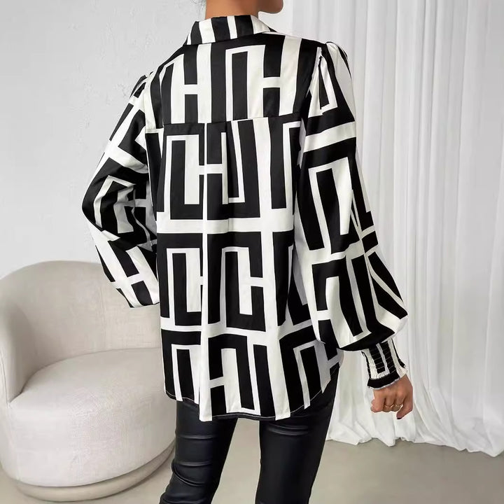 Dame Elegant Bluse med voluminøse ærmer og geometrisk mønster Stilla