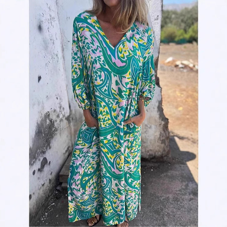 Dame luksus kaftan kjole med farverig grafiktryk og praktiske lommer Stilla