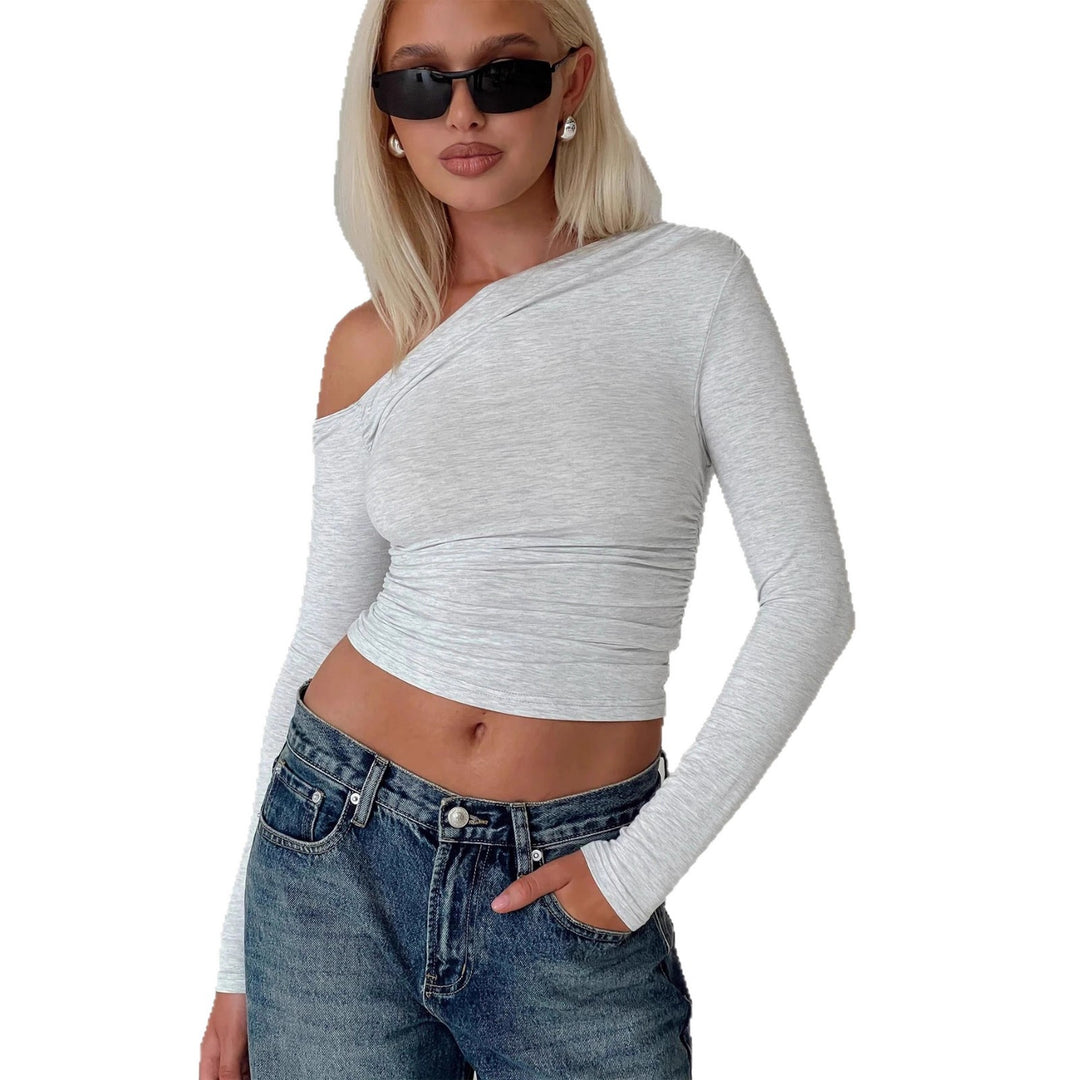 Dame Off-Shoulder Rynket skjorte med lange ærmer og elegant design Skovae