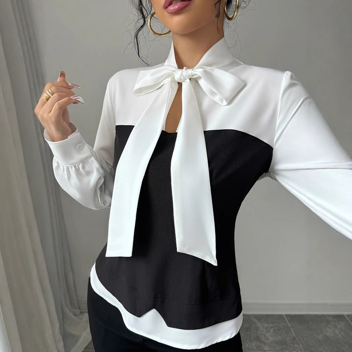 Dame Elegant skåret bluse med sløjfe krave Stilla