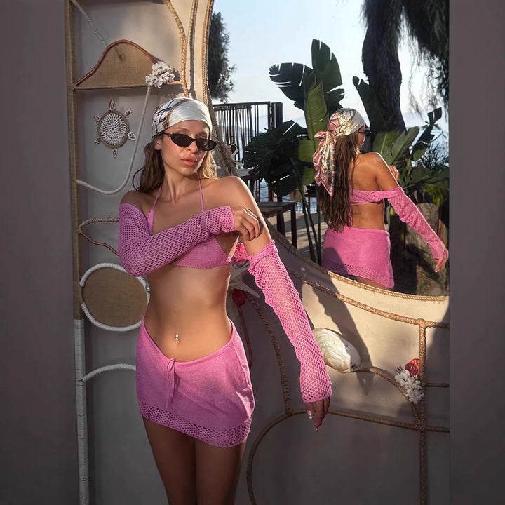 Dame Hæklet Bikini Sæt med lange ærmer og matchende Skovae nederdel