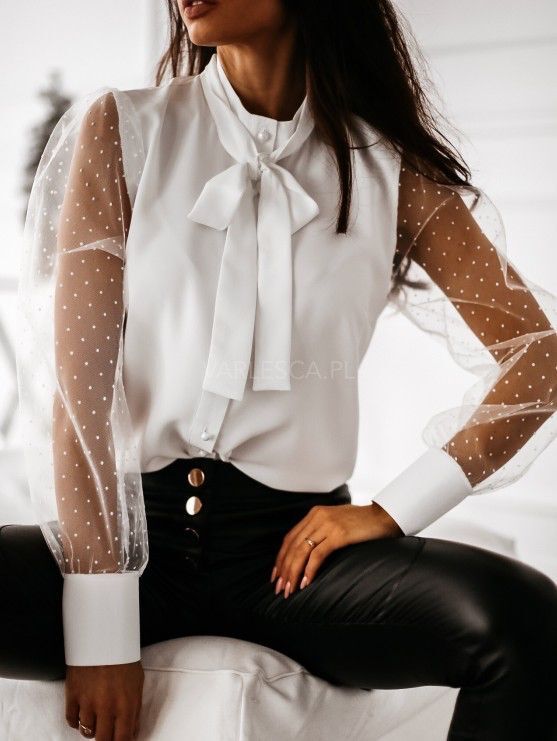 Dame Elegant Bluse med transparente Pufærmer og Sløjfedetalje Stilla