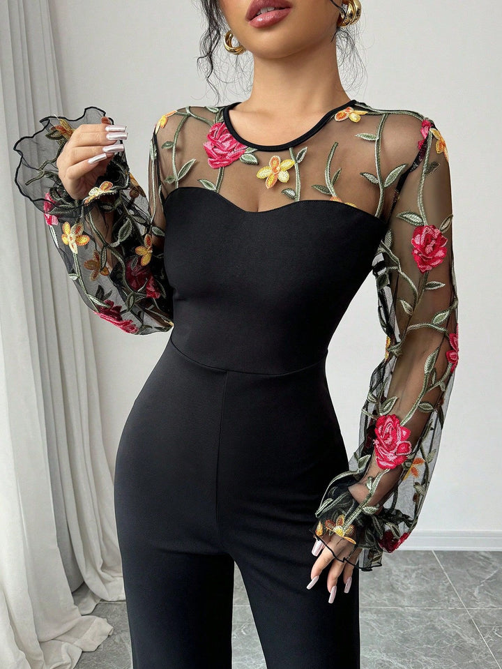 Dame elegant top med blomsterprint laceindsatser Stilla