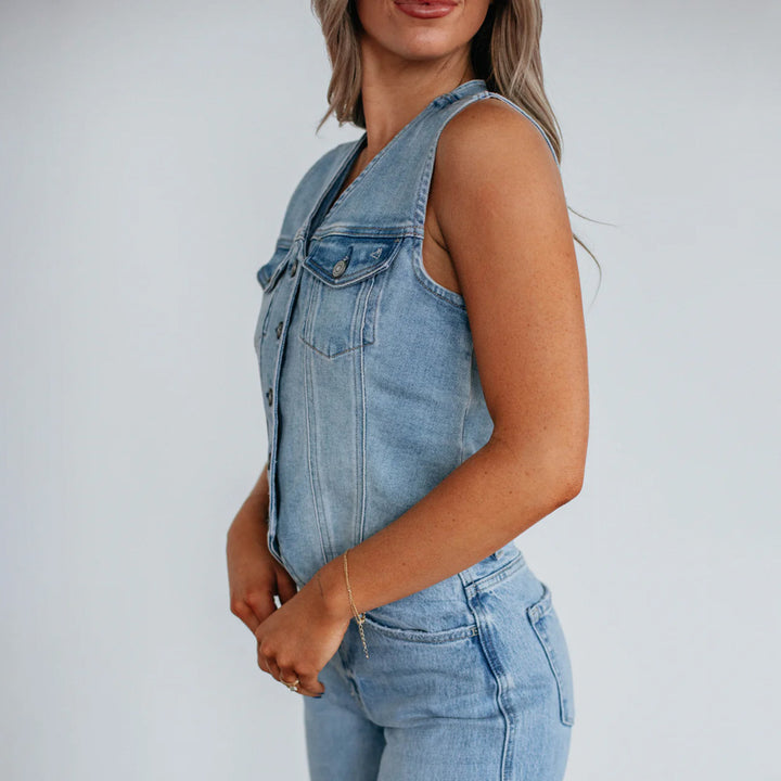 Dame Denim Vest med knaplukning og moderne skærramme Stilla