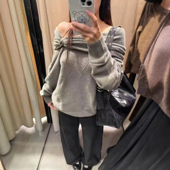 Damer Elegant Sweater med Asymmetrisk Sjalskrave og Dekorativ Lukning Stilla