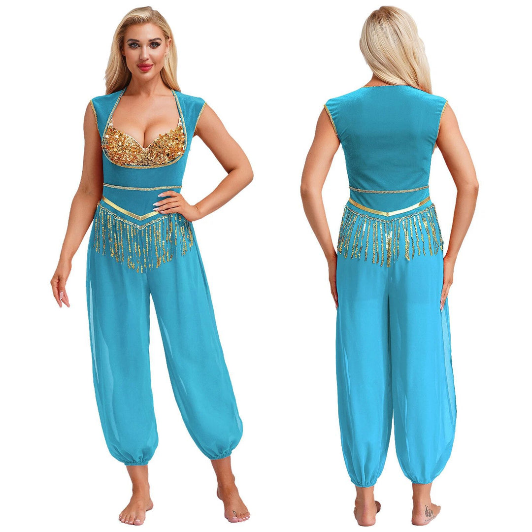 Dame kostume-jumpsuit med glitrende overdel og afslappet bukser Skovae