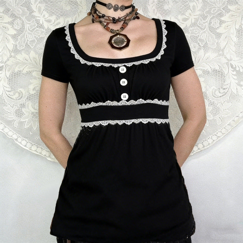 Damen Freizeitkleid mit Spitzenakzenten und eleganter Knopfleiste Skovae