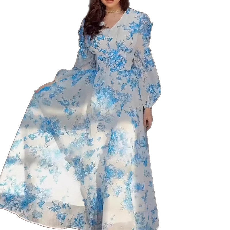 Dame Elegant maxikjole med blomster mønstre og gennemsigtige ærmer Stilla