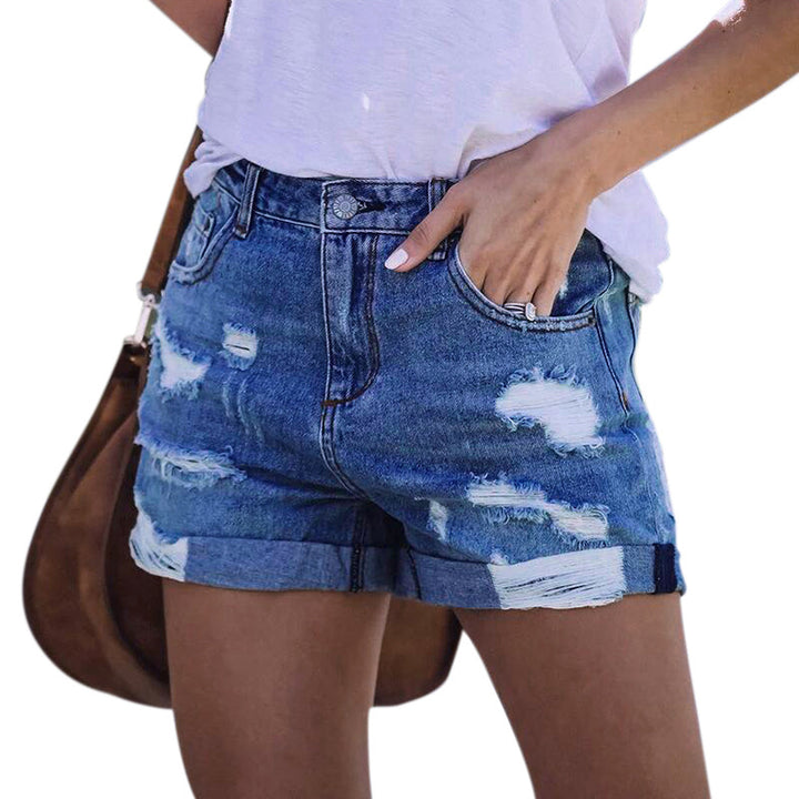 Dame mode denim-shorts med stilige riv detaljer og opfoldet kant Stilla