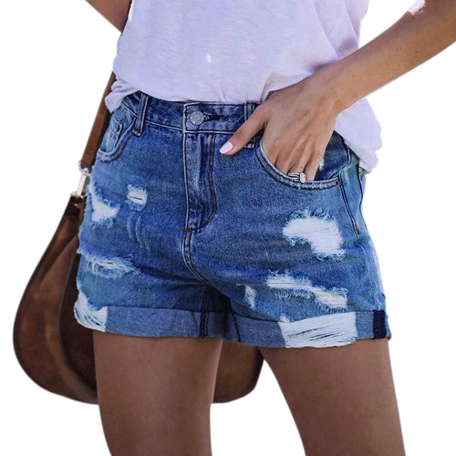 Dame mode denim-shorts med stilige riv detaljer og opfoldet kant Stilla