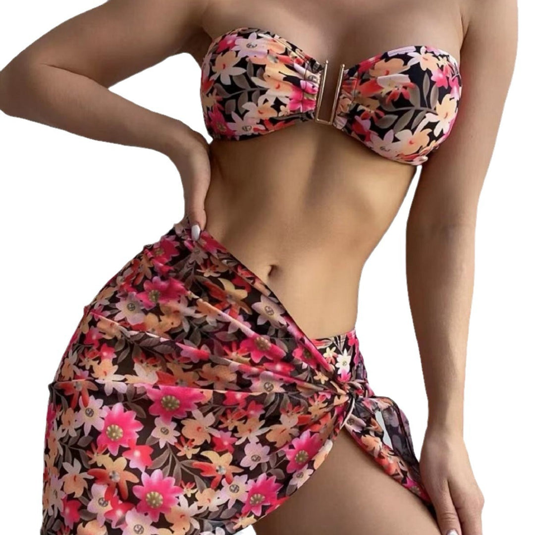 Damer Bandeau Bikini Sæt med blomster mønstre og indpakning nederdel Stilla