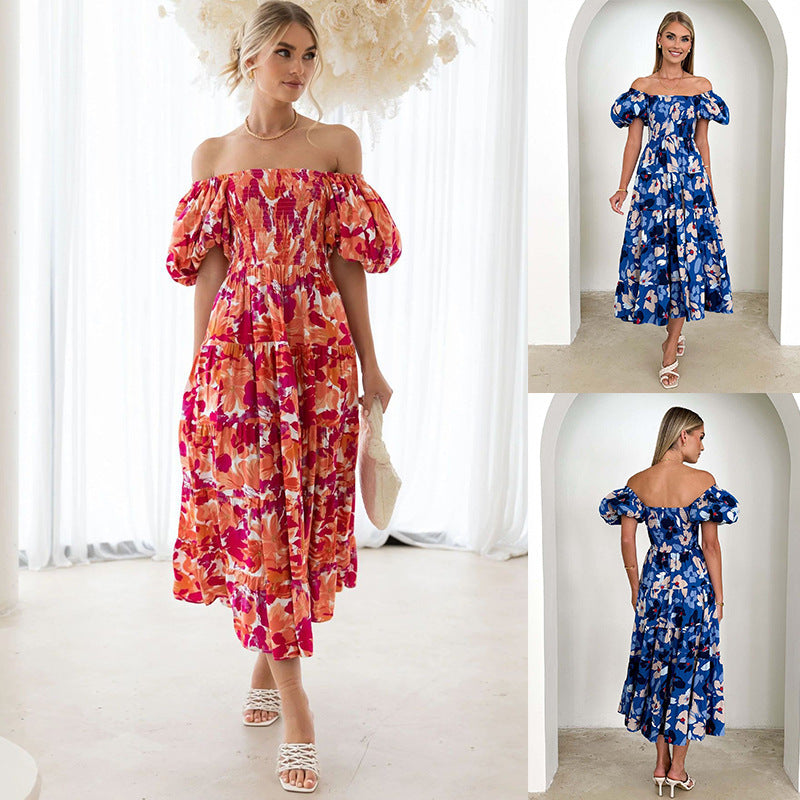 Dame Off-Shoulder Maxikjole med voluminøse puffærmer og blomstermønster Stilla