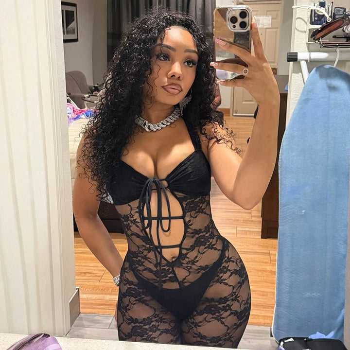 Damen Sexy Spitzenoverall mit tiefem V-Ausschnitt und individuell verstellbaren Trägern Skovae