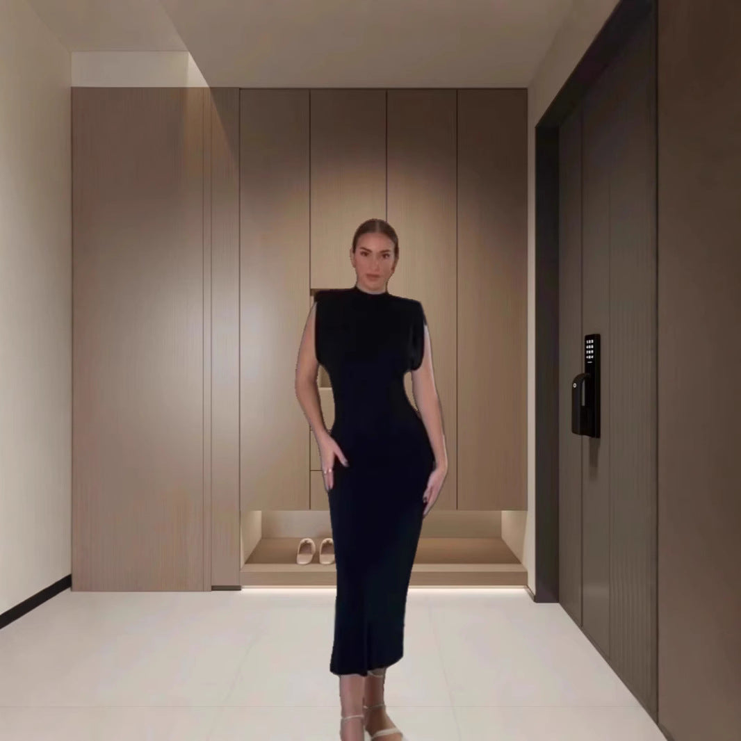 Dame Figurtilpasset Midikjole med elegant Ståkrave og side lommer Stilla
