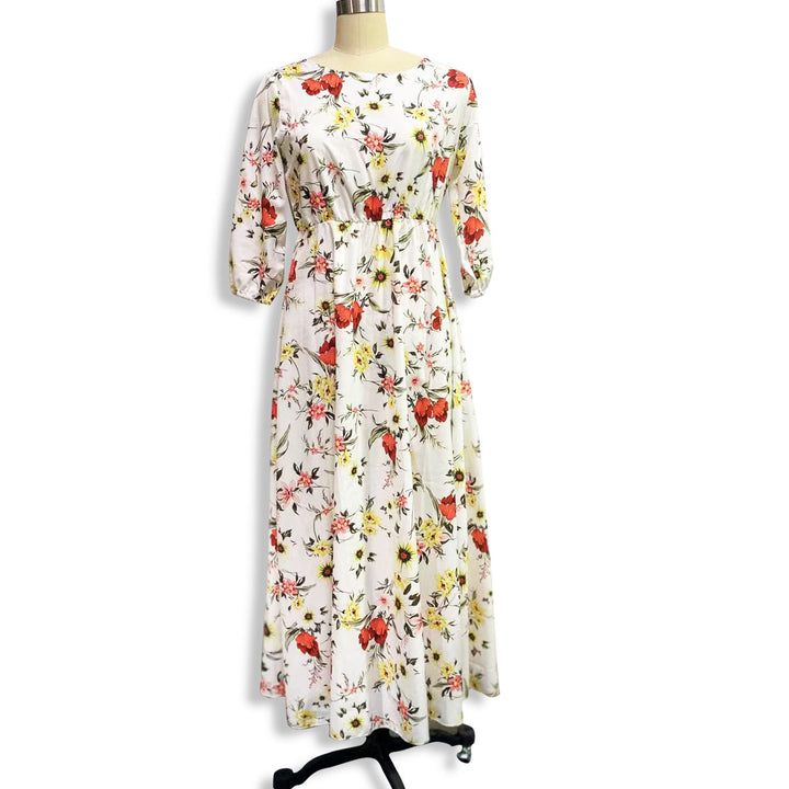 Dame Maxikjole med blomstermotiv og voluminøse ærmer Stilla