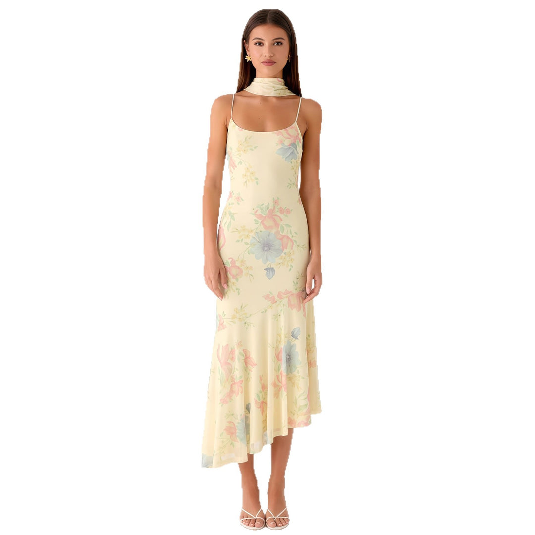 Kvinders elegante maxi kjole med blomster chiffon design og halter hals