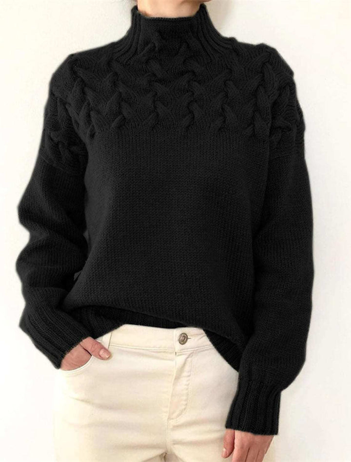 Dame grovstrikket pullover med ståkrave og fletmønster Stilla