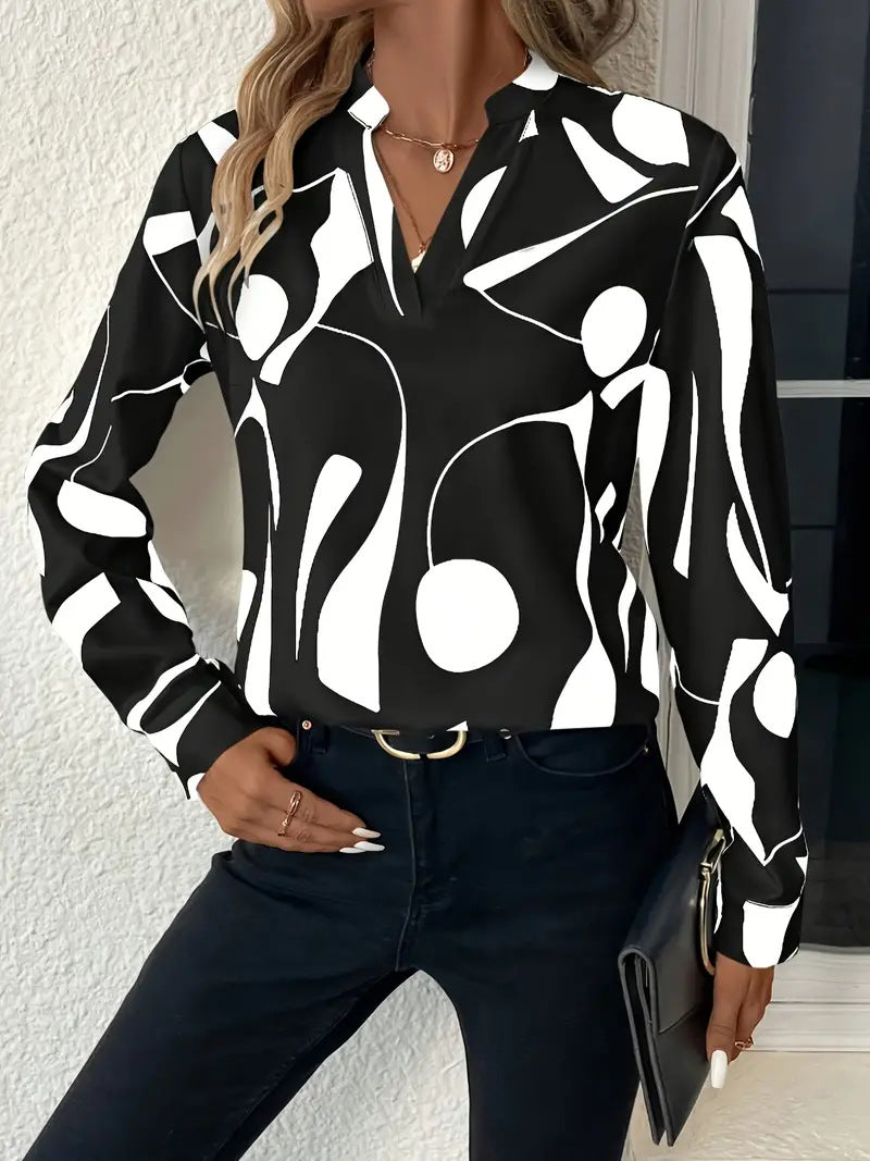 Dame Mode Bluse med grafisk design og fin stående krave Stilla