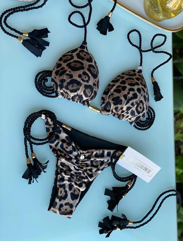 Dame triangel-bikini med moderne leopardmønster og dekorative frynser Skovae