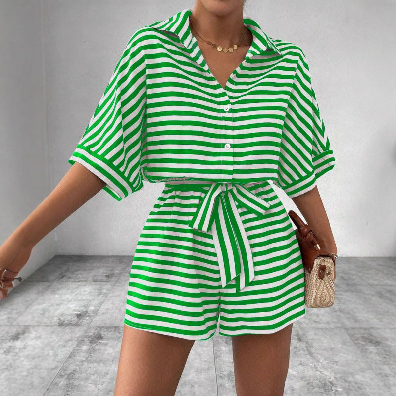 Dame Boxy-shirt og shorts-sæt med stribet design Stilla