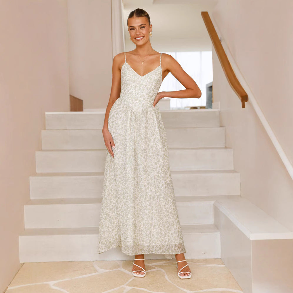 Damer Elegant Maxi Kjole med Fin Blomster Mønster og Delikate Spaghetti Stropper Stilla