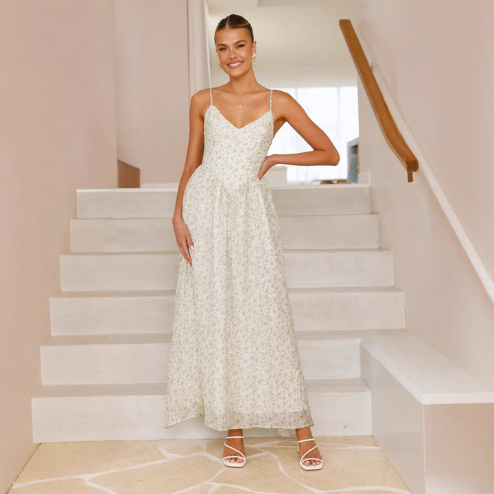 Damer Elegant Maxi Kjole med Fin Blomster Mønster og Delikate Spaghetti Stropper Stilla