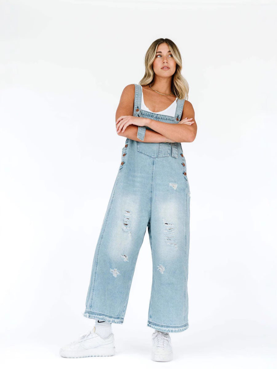 Dame Casual Denim Overalls med stilfulde Rivne Detaljer Stilla