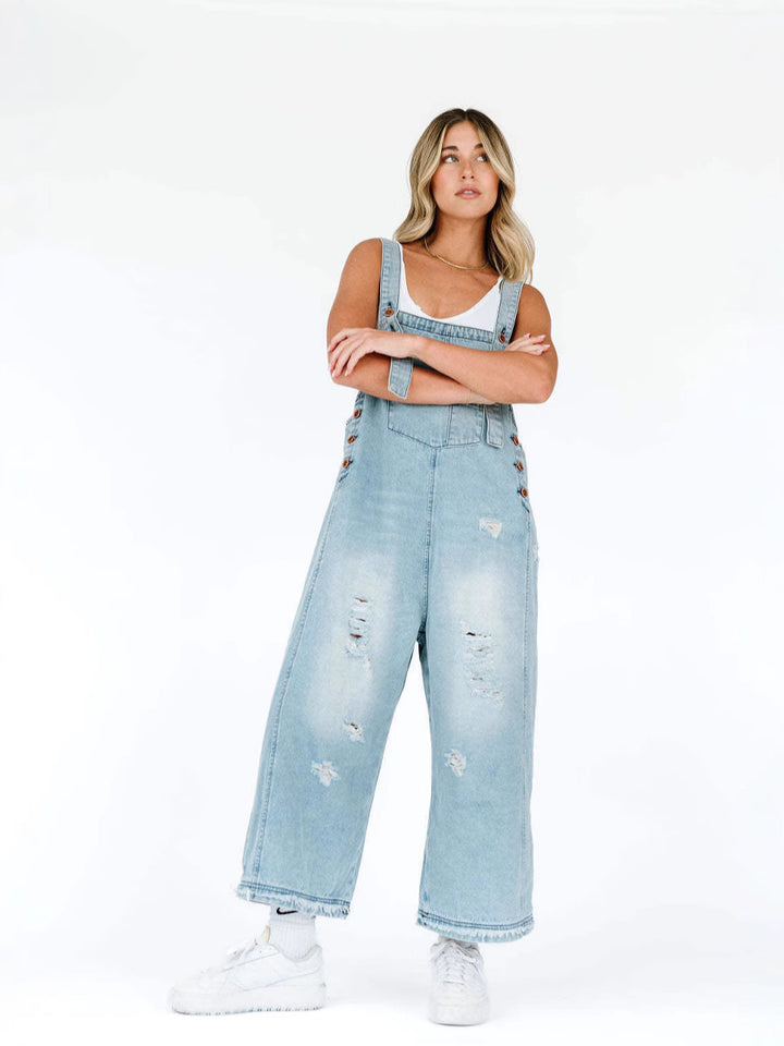 Dame Casual Denim Overalls med stilfulde Rivne Detaljer Stilla