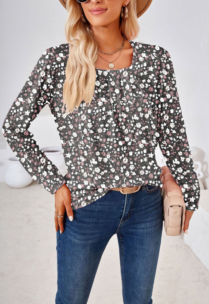 Dame langærmet bluse skjorte med blomstermotiv og raffineret detalje Stilla