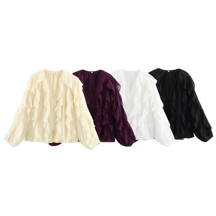 Dame Luftig Rynket Bluse med elegante Knapdetaljer Stilla