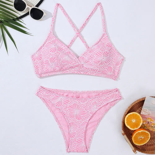Dame Bikini-sæt med elegant krydsstrop-design og floralsk mønster Stilla