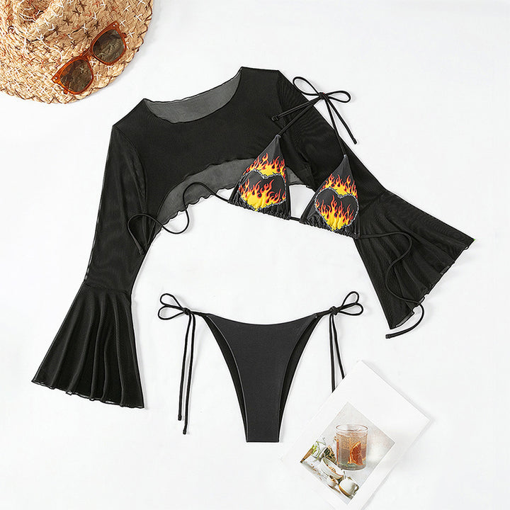 Dame bikini-sæt med gennemsigtig top og brændende detaljer Stilla