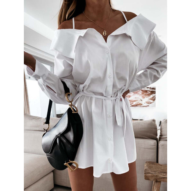 Dame Off-Shoulder Knappeløs Blusekjole med Knappet Talje