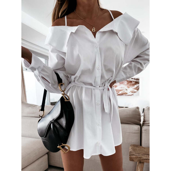 Dame Off-Shoulder Knappeløs Blusekjole med Knappet Talje