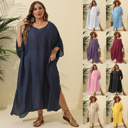 Dame sommerkjole i afslappet kaftan-stil med åben skulderparti Stilla