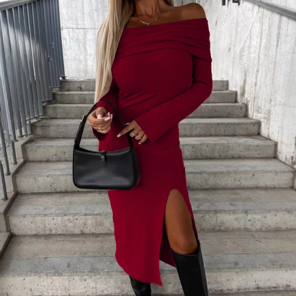 Dame Off-Shoulder Kjole med elegant slidser og lange ærmer Stilla