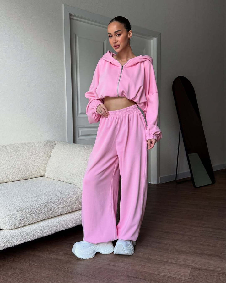 Kvinders afslappede cropped hoodie og bredskåne joggingbukser sæt Stilla