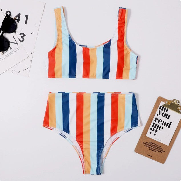 Dame Højtaljet Stribet Bikini-Sæt Stilla1750243874