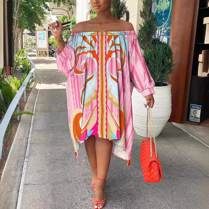 Dame Off-Shoulder Kjole med farverig print og afslappet snit Stilla